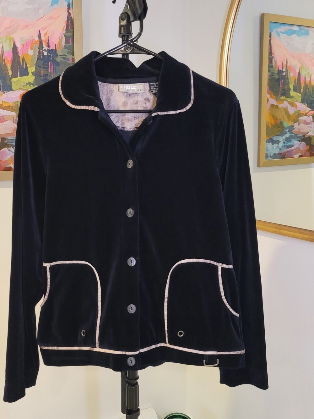 Vintage ONQUE CASUALS Black Velour Jacket Cream Trim Women's Size S